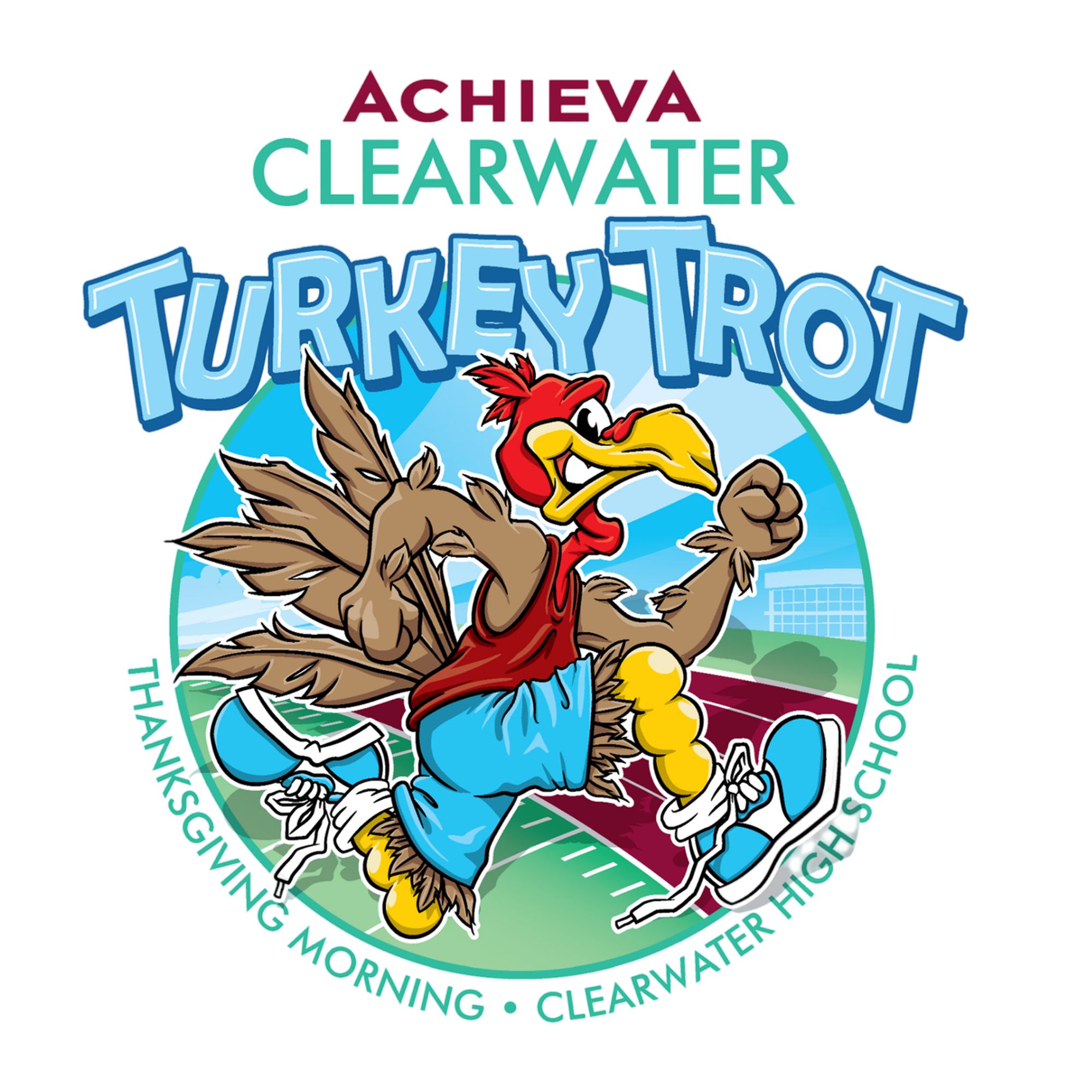 2026 Achieva Clearwater Turkey Trot official logo featuring the running turkey mascot